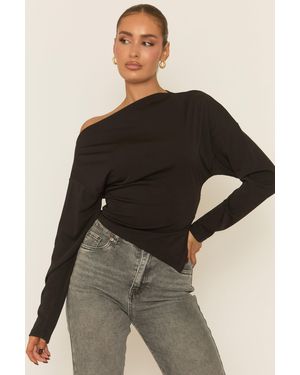 Rebellious Fashion Asymmetric Cinched Waist Long Sleeve Top - Black