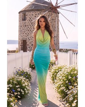 Rebellious Fashion Ombre Printed Cowl Maxi Dress - Blue