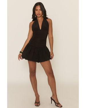 Rebellious Fashion Halter Puffball Mini Dress - Black