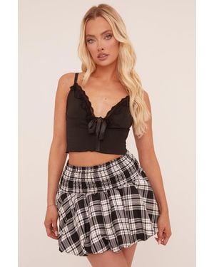 Rebellious Fashion Check Print Shirring Detail Puffball Mini Skirt - White