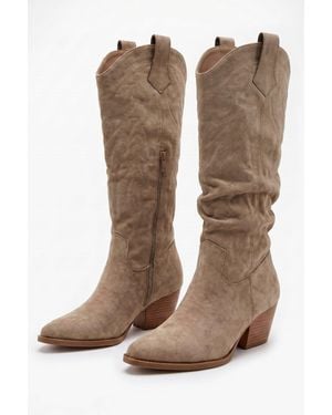 Rebellious Fashion Faux Suede Embroidered Western Knee High Cowboy Boots - Brown