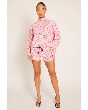 Rebellious Fashion High Neck Zip Up Jacket And Shorts Co-Ord Set - Pink