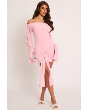 Rebellious Fashion Long Flared Sleeves Drape Detail Bodycon Mini Dress - Pink
