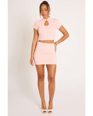 Rebellious Fashion Bengaline Button Front Top And Mini Skirt Co-Ord Set - Pink