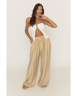 Rebellious Fashion Stone Linen Look Tie Waist Wide Leg Trousers - Natural