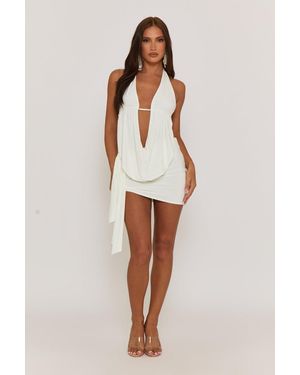 Rebellious Fashion Plunge Neck Cowl Detail Top & Mini Skirt Co-Ord Set - White