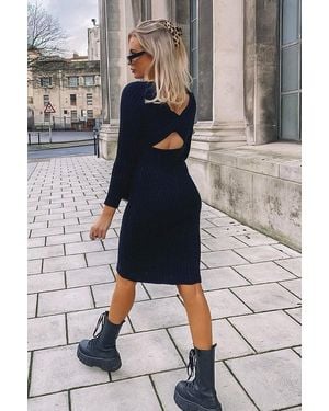 Rebellious Fashion Open Twist Back Midi Bodycon Jumper Dress - Black