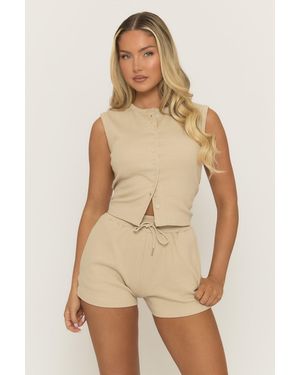Rebellious Fashion Sleeveless Button Front Rib Top And Short Loungewear Co-Ord Set - Natural