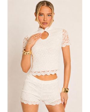 Rebellious Fashion Lace Scallop Hem Keyhole Top And Shorts Co-Ord Set - Natural