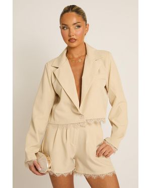 Rebellious Fashion Lace Trim Blazer - Natural