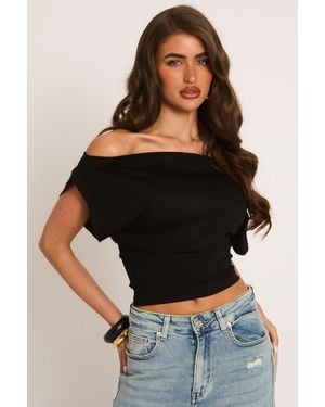 Rebellious Fashion Bardot Cinched Waist Top - Black