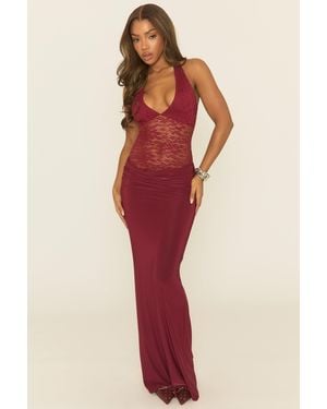 Rebellious Fashion Lace Plunge Halterneck Maxi Dress - Red