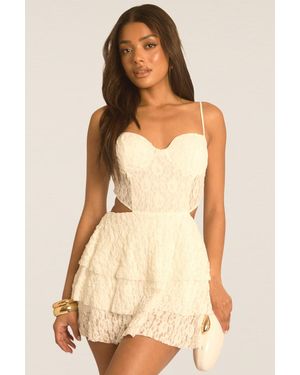 Rebellious Fashion Lace Cut Out Frill Playsuit - Natural