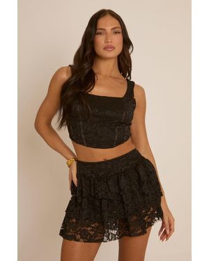 Rebellious Fashion Lace Corset And Ruffle Mini Skirt Co-Ord - Black