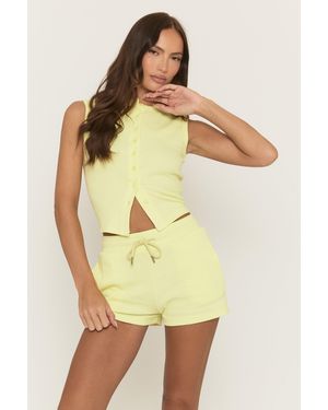 Rebellious Fashion Sleeveless Button Front Rib Top And Short Loungewear Co-Ord Set - Yellow