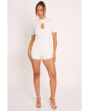 Rebellious Fashion Shoulder Pad Lace Trim Playsuit - White