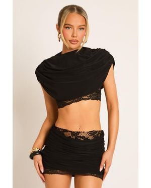 Rebellious Fashion Lace Trim Cape Top And Mini Skirt Co-Ord Set - Black