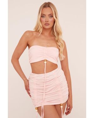 Rebellious Fashion Ruching Detail Bandeau Cropped Top & Mini Skirt Co-Ord Set - Pink