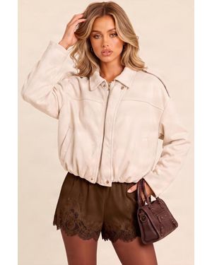 Rebellious Fashion Suede Bomber Jacket - Natural