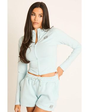 Rebellious Fashion Long Sleeve Embroidered Swirl Logo Zip Up Jacket - Blue