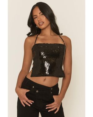 Rebellious Fashion Sequin Cowl Halterneck Crop Top - Black