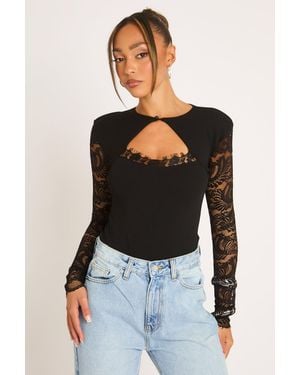 Rebellious Fashion Shoulder Pad Lace Long Sleeve Bodysuit - Black