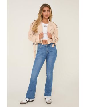 Rebellious Fashion Bright Stretch Mid Waist Kick Flare Denim Jeans - Blue