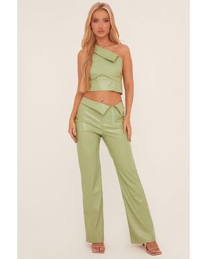 Rebellious Fashion Faux Leather One Shoulder Top & Trousers Co-Ord Set - Green