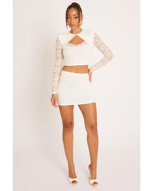 Rebellious Fashion Lace Long Sleeve Top And Mini Skirt Co-Ord Set - Natural