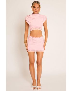 Rebellious Fashion Lace Trim Cape Top And Mini Skirt Co-Ord Set - Pink