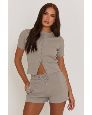 Rebellious Fashion Dove Button Front Top And Short Loungewear Co-Ord Set - Brown