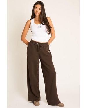 Rebellious Fashion Drawstring Waist Embroidered Swirl Logo Wide Leg Joggers - Brown