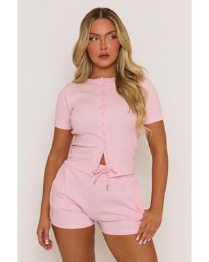 Rebellious Fashion Rib Button Front Top And Short Loungewear Co-Ord Set - Pink