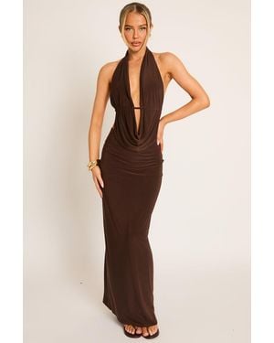 Rebellious Fashion Cowl Plunge Halter Top And Maxi Skirt Co-Ord Set - Brown