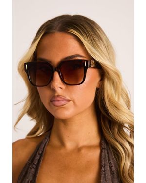 Rebellious Fashion Tortoise Shell Logo Detail Oversized Square Sunglasses - Brown