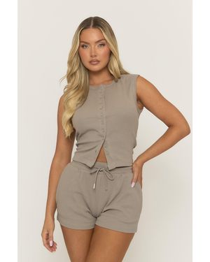 Rebellious Fashion Dark Sleeveless Button Front Rib Top And Short Co-Ord Set - Natural