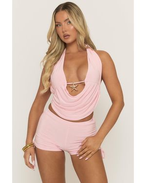 Rebellious Fashion Starfish Trim Top And Ruched Short Co-Ord Set - Pink