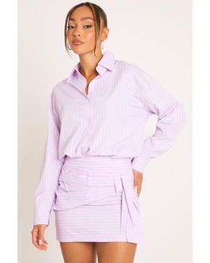 Rebellious Fashion Stripe Shirt And Wrap Mini Skirt Co-Ord Set - Purple