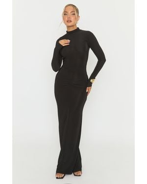 Rebellious Fashion Long Sleeve Ruched Maxi Dress - Black