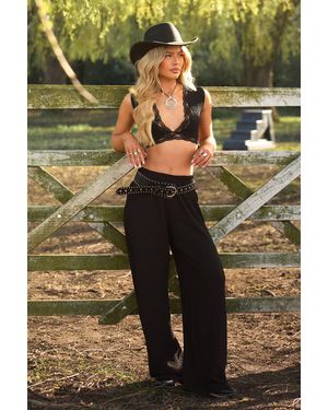 Rebellious Fashion Textured Lace Trim Trouser Co-Ord Set - Green