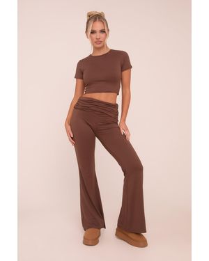 Rebellious Fashion Round Neck Cropped Top & Flared Leg Trousers Co-Ord - Natural