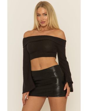Rebellious Fashion Rib Knit Bardot Jumper - Black