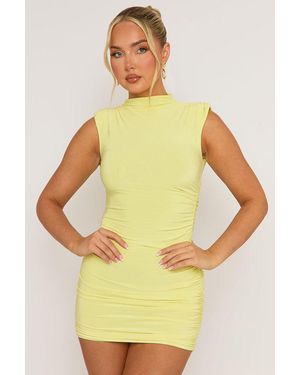 Rebellious Fashion High Neck Shoulder Pad Ruched Mini Dress - Yellow