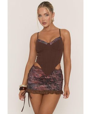 Rebellious Fashion Corset And Lace Trim Printed Mini Skirt Co-Ord Set - Brown