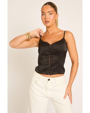 Rebellious Fashion Satin Lace Trim Cami Top - Black