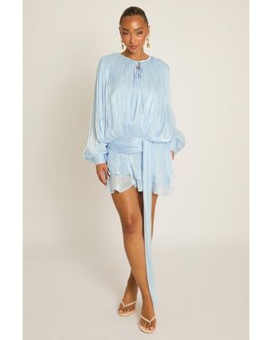 Rebellious Fashion Tie Front Blouson Mini Dress - Blue