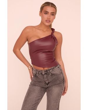 Rebellious Fashion Twist One Shoulder Faux Leather Top - Purple