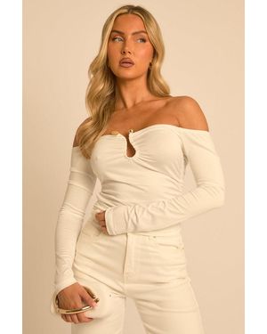 Rebellious Fashion Trim Detail Bardot Long Sleeve Top - Natural