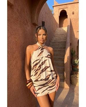 Rebellious Fashion Tiger Print Halterneck Blouson Mini Dress - Natural