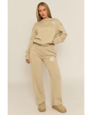 Rebellious Fashion Contrast Motif Jumper And Joggers Loungewear Co-Ord Set - Natural